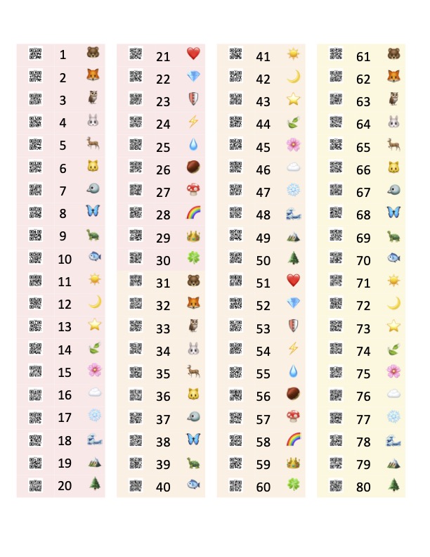 MilkVault QR sticker sheet — 100 unique color and animal emoji stickers with QR codes