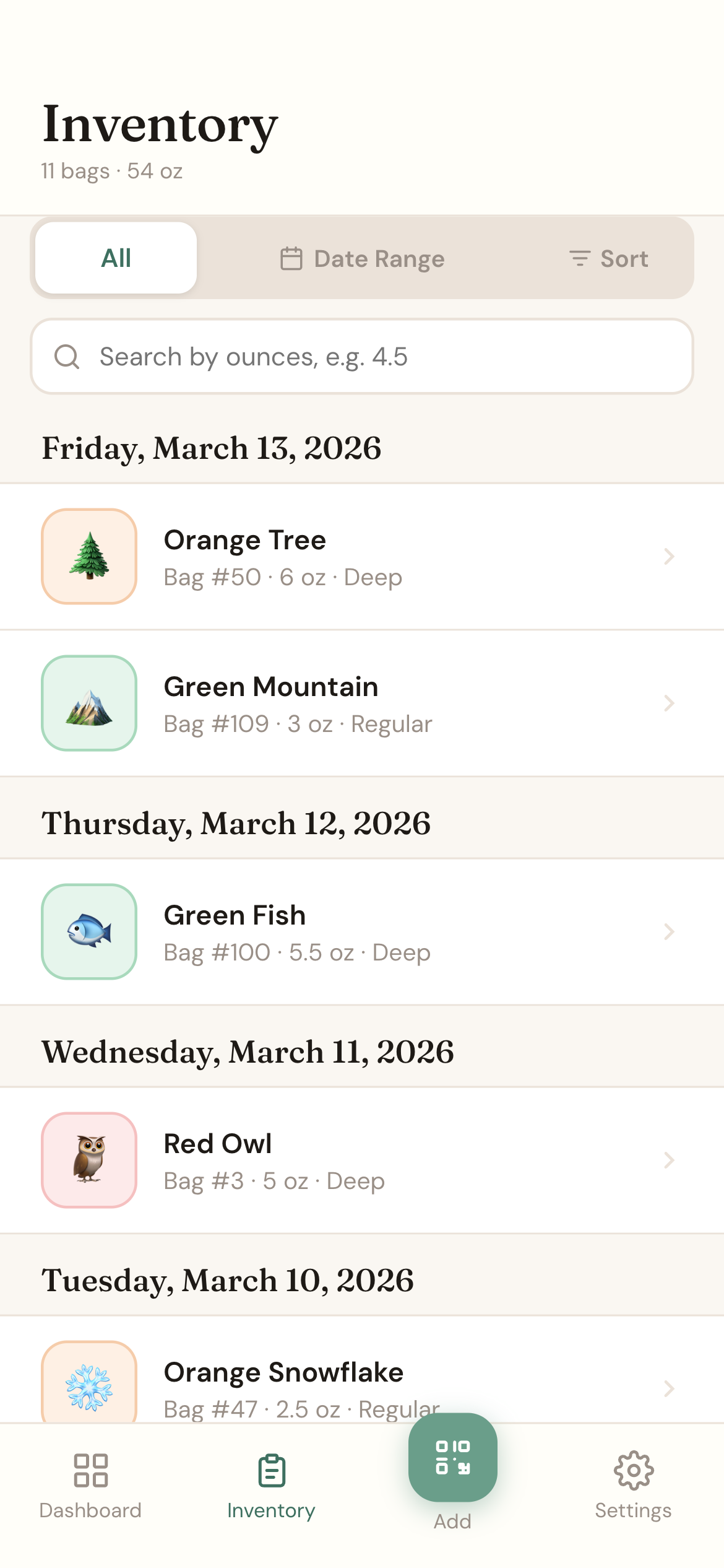 MilkVault inventory screen